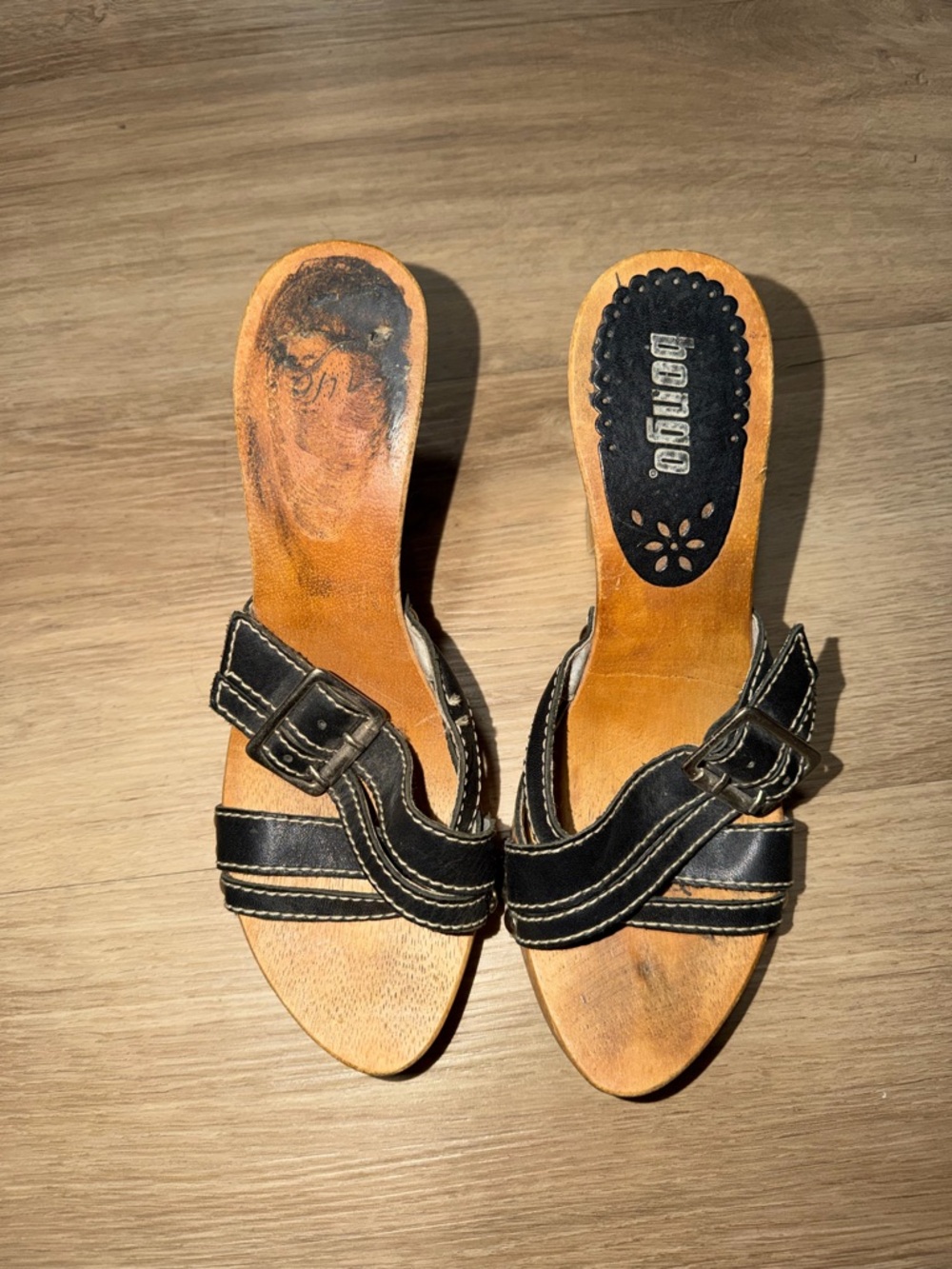 BONGO Black Leather Buckle Strap Slide Mules